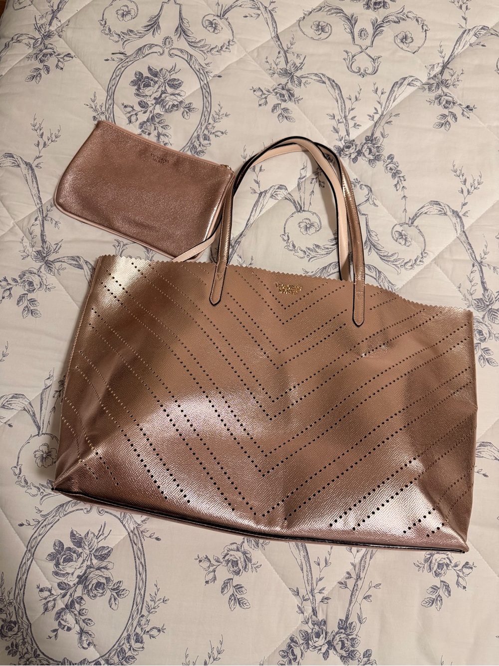 Victoria's Secret Metallic Rose Tote with Matching Pouch